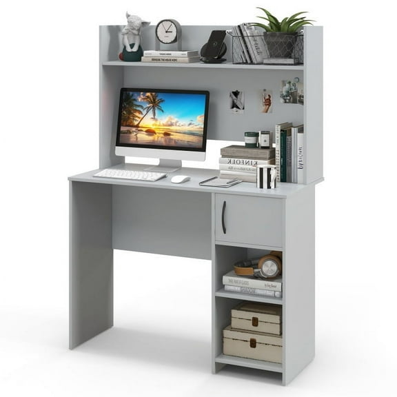 GVN Home Office Desk with Raised Display Shelf and 2 Open Shelves-Gray, Desk for Bedroom, Gaming Computer Desks for Study,Working,Writing