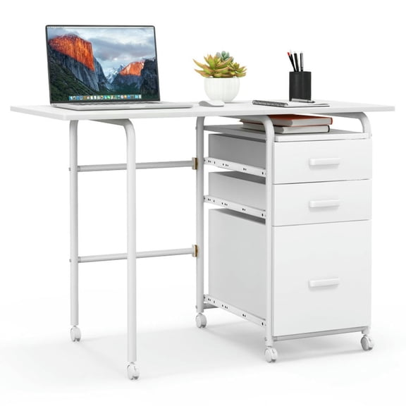 GVN Home Office Folding Computer Laptop Desk Wheeled with 3 Drawers-White, Desk for Bedroom, Gaming Computer Desks for Study,Working,Writing