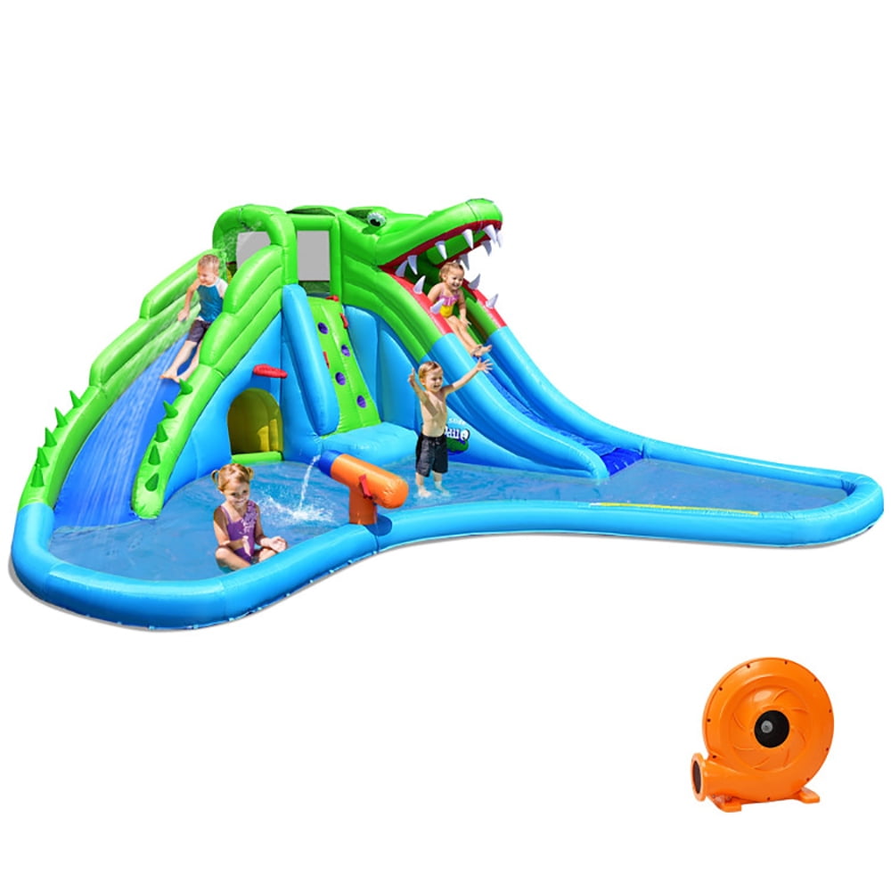 GVN Inflatable Crocodile Water Slide Climbing Wall Bounce House with 780W Blower, Bounce House with Blower, Inflatable Jump Bouncy Castle for Kids,Ball Pool for Backyard Play & Party Fun