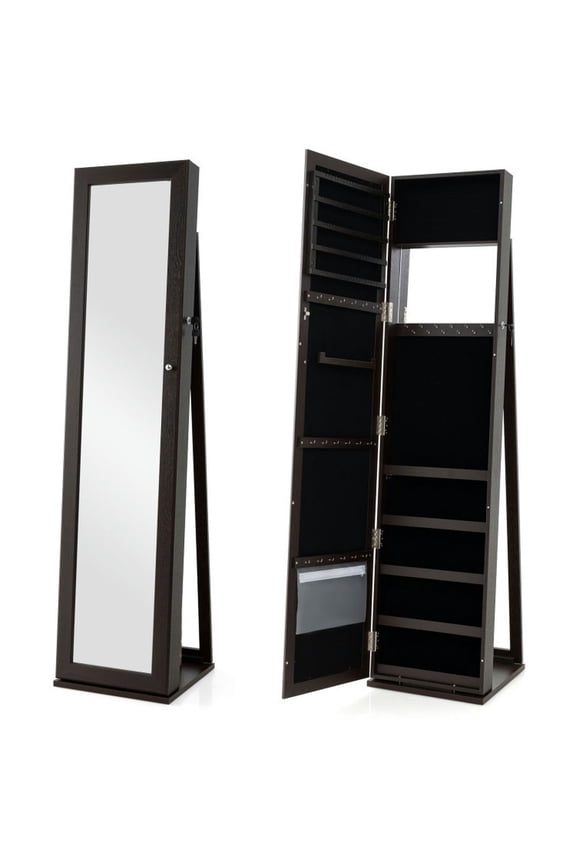 Standing Lockable Jewelry Storage Organizer with Full-Length Mirror-Coffee, Lockable Jewelry Cabinet Hanging Jewelry Organizer