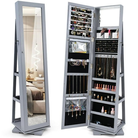 GVN Jewelry Cabinet Armoire, Jewelry Armoire, 360° Rotatable 2-in-1 Lockable Jewelry Cabinet with Full-Length Mirror-Gray