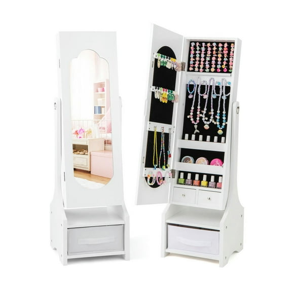 GVN Jewelry Organizer, Kids Vanity Dress Up Mirror Jewelry Cabinet,Freestanding Kids Jewelry Armoire Cabinet with Storage and 2 Tilt Angles-White