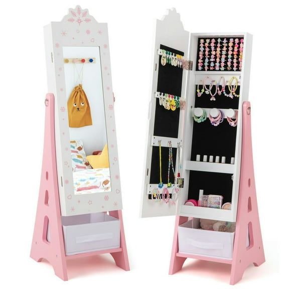GVN Jewelry Organizer, Kids Vanity Dress Up Mirror Jewelry Cabinet,Kids Jewelry Cabinet with Full-Length Mirror and Foldable Drawer-White