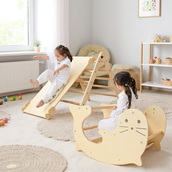 GVN Jungle Gym, Toddler Jungle Gym, 7-in-1 Indoor Climbing Toys for Toddlers with Reversible Ramp-Natural