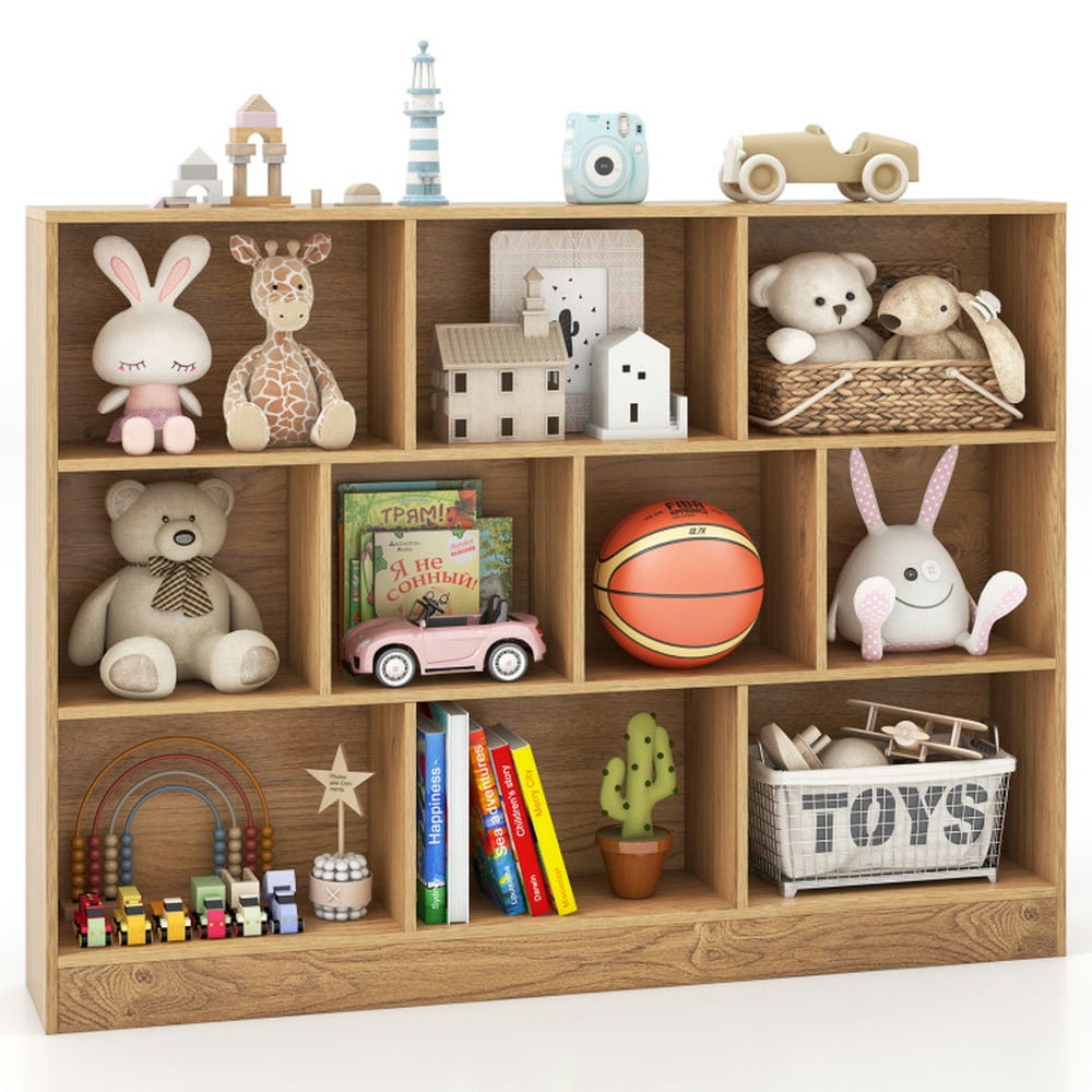 GVN Kids Bookshelf Bookcase, Toy Storage Organizer,41 inches Wooden Toy Storage Organizer with 10 Cubes for Classroom Daycare Nursery Kindergarten-Natural