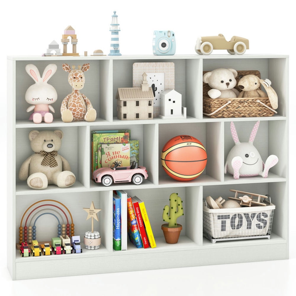 GVN Kids Bookshelf Bookcase, Toy Storage Organizer,41 inches Wooden Toy Storage Organizer with 10 Cubes for Classroom Daycare Nursery Kindergarten-White