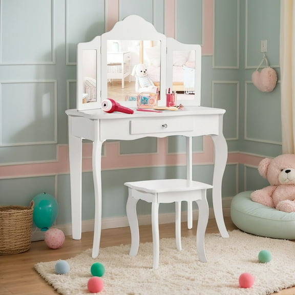 GVN Kids Makeup Dressing Mirror Vanity Table Stool Set, Kids Vanity Table and Chair Set for Girls Kids
