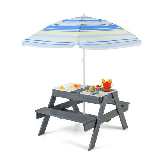 GVN Kids Picnic Table Set with 3 Removable Bins-Gray, Kids Desk and Chair Set for Arts & Crafts, Snack Time, Homeschooling, Homework