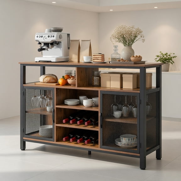 GVN Kitchen Buffet Sideboard, Cupboard Cabinet, 55-Inch Buffet Sideboard with 8-Bottle Wine Racks and Wine Glass Holders-Rustic Brown