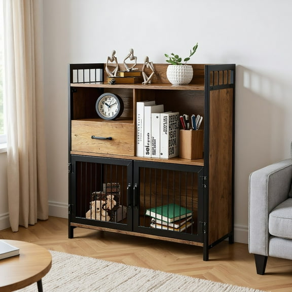 GVN Kitchen Buffet Sideboard, Cupboard Cabinet, Buffet Cabinet with Drawer and Wood Storage Shelf for Kitchen-Rustic Brown
