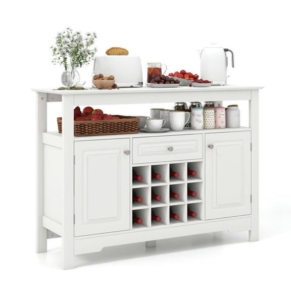 GVN Kitchen Buffet Sideboard, Cupboard Cabinet, Buffet Sideboard Wine Liquor Coffee Bar Cabinet with Removable Wine Rack-White