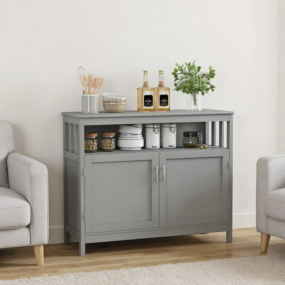 GVN Kitchen Buffet Sideboard, Cupboard Cabinet, Kitchen Buffet Server Sideboard Storage Cabinet with 2 Doors and Shelf-Gray