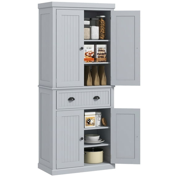 GVN Kitchen Pantry,72" Kitchen Pantry Cabinet, Freestanding Tall Storage Cabinet, Traditional Kitchen Cabinet, Gray