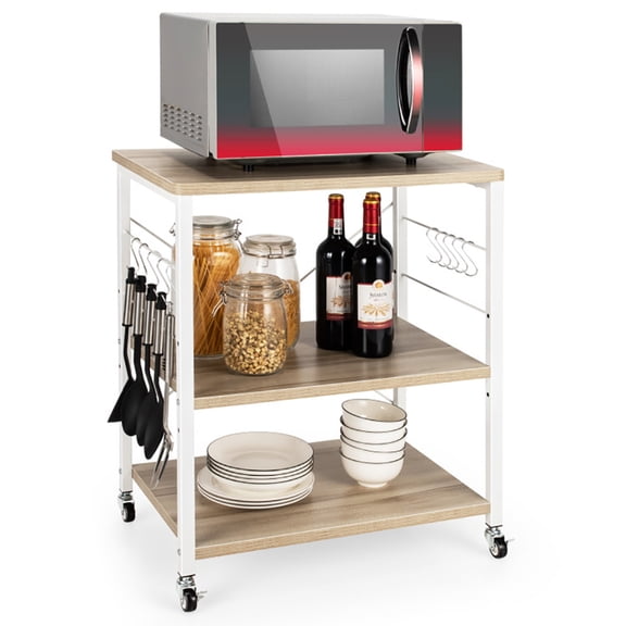 GVN Kitchen Rack Storage Shelving Organizer,3-Tier Kitchen Baker's Rack Microwave Oven Storage Cart with Hooks-Light Brown