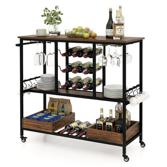 GVN Kitchen Rack Storage Shelving Organizer,3 Tiers Bar Cart on Wheels with Glass Racks-Rustic Brown