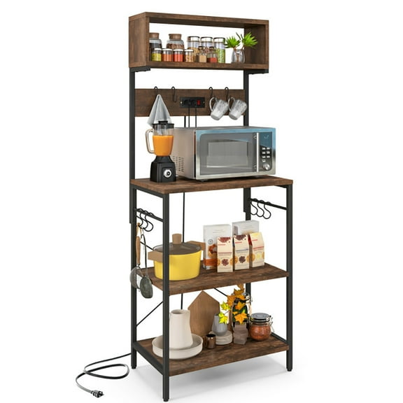 GVN Kitchen Rack Storage Shelving Organizer,60 Inch Tall Microwave Stand with Open Shelves and 10 Hanging Hooks-Rustic Brown