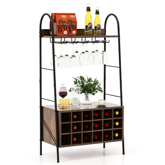GVN Kitchen Rack Storage Shelving Organizer,Baker's Rack with Detachable Wine Rack and 5 Rows of Stemware Holder-Rustic Brown