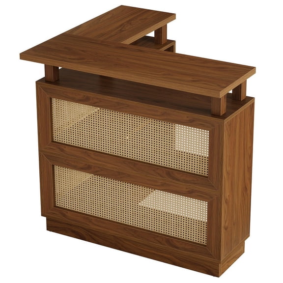 GVN L-Shaped Bar Unit with Rattan Cabinet and 4-Tier Storage Shelf, Home Bar Table for Living Room, Kitchen and Entertainment Center, Brown
