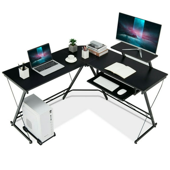 GVN L Shaped Computer Desk Home Office Workstation with Movable Monitor Stand-Black, Desk for Bedroom, Gaming Computer Desks for Study,Working,Writing