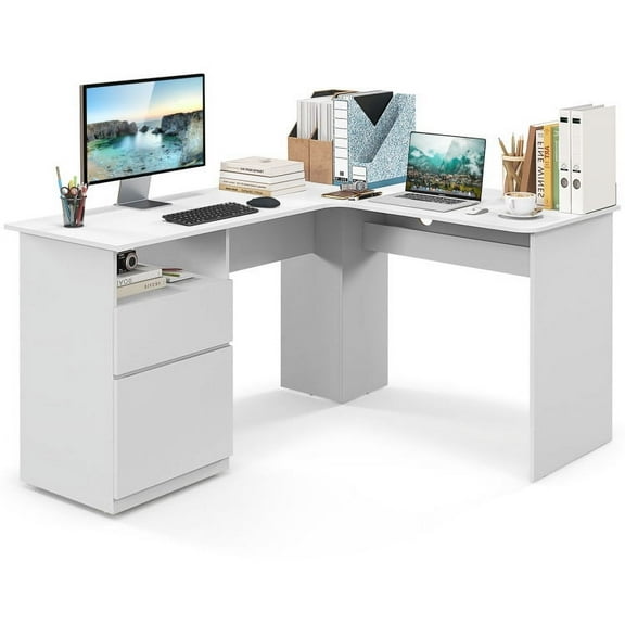GVN L-Shaped Computer Desk with Letter File Drawer-White, Desk for Bedroom, Gaming Computer Desks for Study,Working,Writing