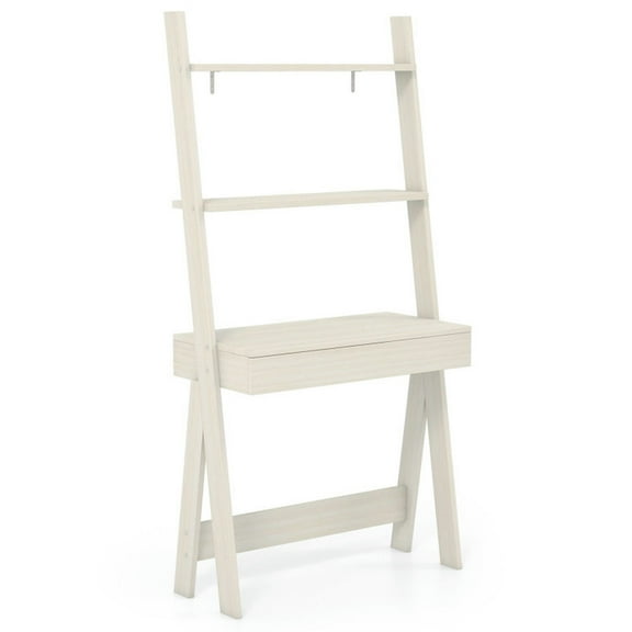 GVN Ladder Shelf Desk with Countertop Drawer and Anti-Toppling Device-Oak, Storage Shelves for Bedroom,Living Room, Home Office, Bedroom, Balcony