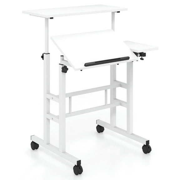GVN Laptop Tables,Printer Stands,Mobile Stand-up Computer Desk Adjustable with 2 Tilting Desktops-White