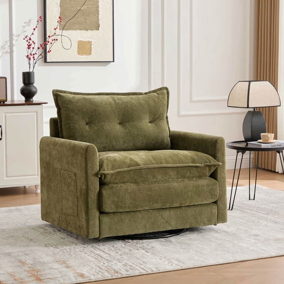 GVN Large Lazy Arm Chair, Lounge Sofa Chair,Swivel Barrel Chair for Living Room Bedroom, Thick Padded Arm Chair with Solid Metal Base, Green