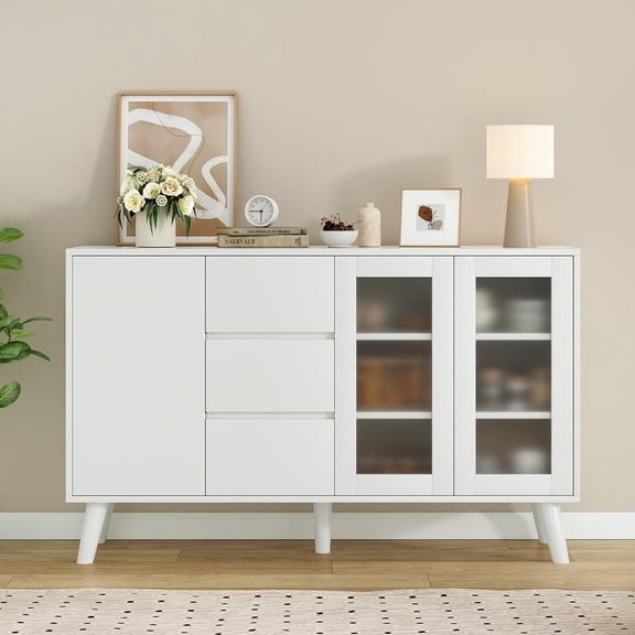 GVN Large Rustic Farmhouse Buffet Sideboard 55.5 Inch Coffee Bar with 3 Drawers and Pop Up Doors for Dining, Kitchen, Hallway, White
