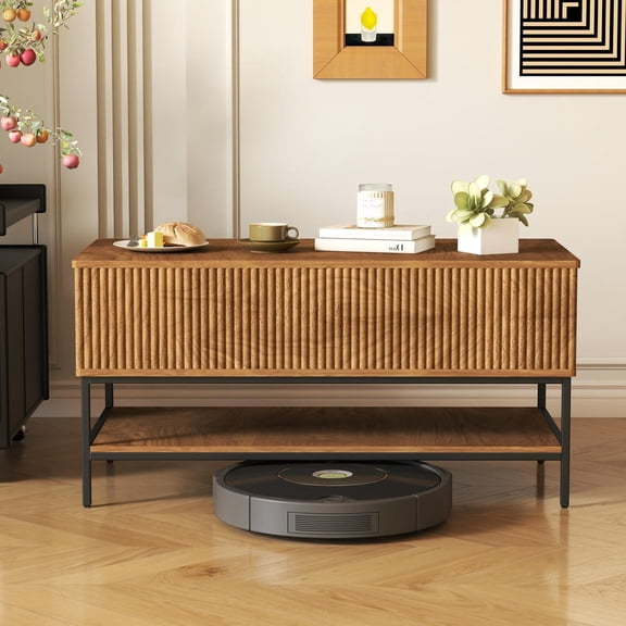 GVN Lift Top Coffee Table Farmhouse Style 39.4 Inch Rectangle Hidden Storage Shelf Sturdy Metal Legs Easy Install, Rustic Brown