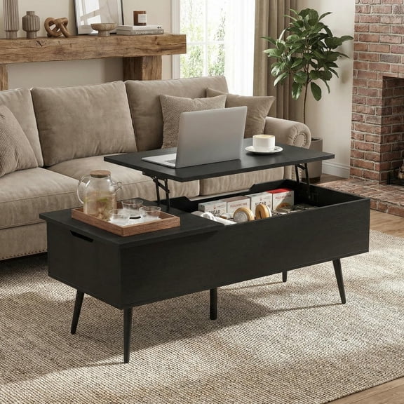 GVN Lift Top Coffee Table with 47 Inch Length and 2 Hidden Compartments for Living Room, Lounge Storage Coffee Table with Ottoman Function, Black
