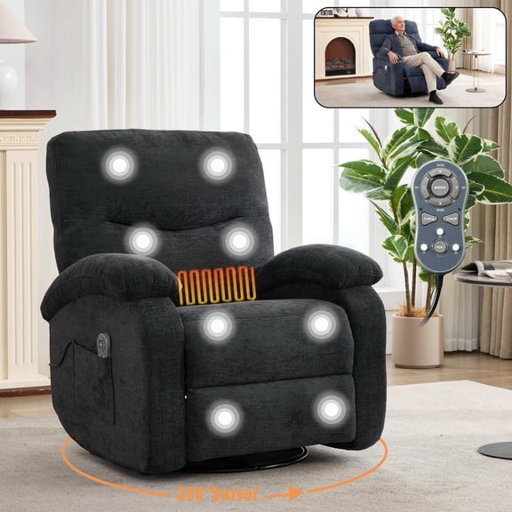 GVN Living Room Recliner with Manual Massage Function, Swivel Rocker Design, Rotating Fabric Seat, Dark Grey