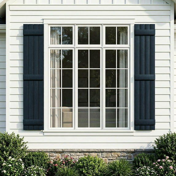 GVN Louver Shutters with Premium Board and Batten, Window Panel Shutters with Three Horizontal Rails and Easy Mount for Farmhouse, Home Office, Living Room, Bedroom, Blue(14"*59")