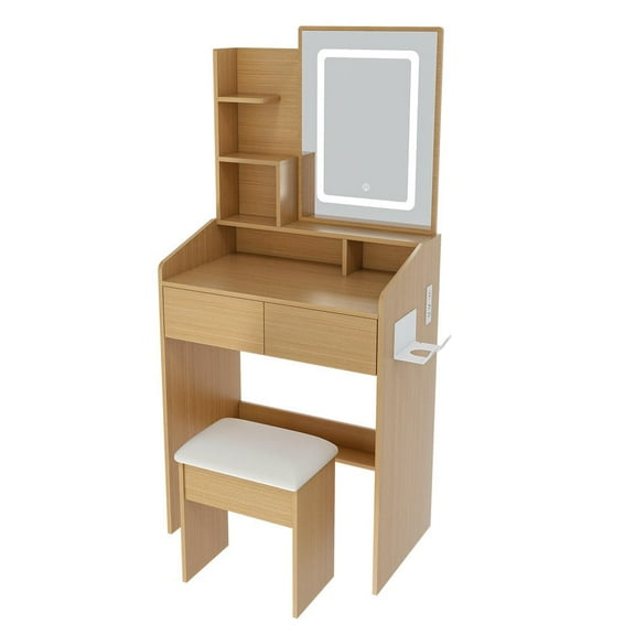 GVN Makeup Vanity Desk with LED-Illuminated Mirror and Power Outlet, Make Up Table Vanitys Desks with Hairdryer Holder & Stool for Small Bedrooms, Wood