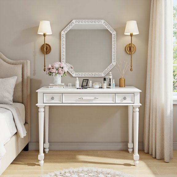 GVN Makeup Vanity Desk,Make Up Table Vanitys Desks,Retro Makeup Desk with Large Mirror, 3-Drawer Dressing Table for Jewelry Storage, White