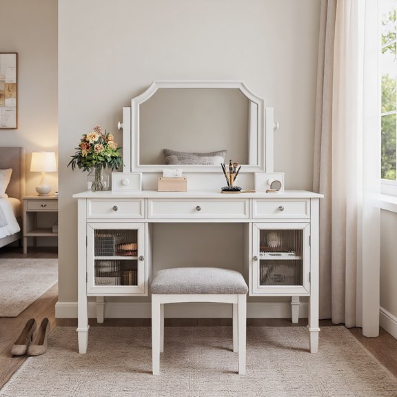 GVN Makeup Vanity Desk,Make Up Vanitys Desks Set,44.4" Makeup Vanity Desk with Mirror, Dressing Table Set with Drawer & Cabinet, White