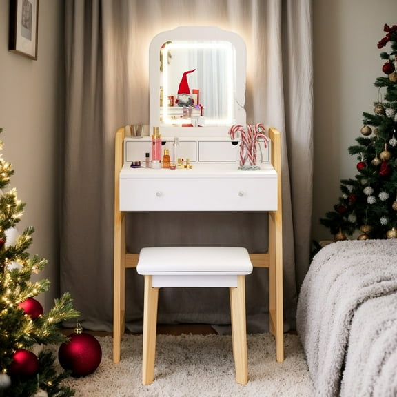 GVN Makeup Vanity Desk,Make Up Vanitys Desks Set,Adjustable Height Vanity Desk Set with 3-Color LED Lighted Mirror and Drawers-White