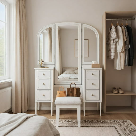 GVN Makeup Vanity Desk,Make Up Vanitys Desks Set,Antique Makeup Vanity Desk with Triple Mirror, 6-Drawer Dressing Table Set with Stool, White