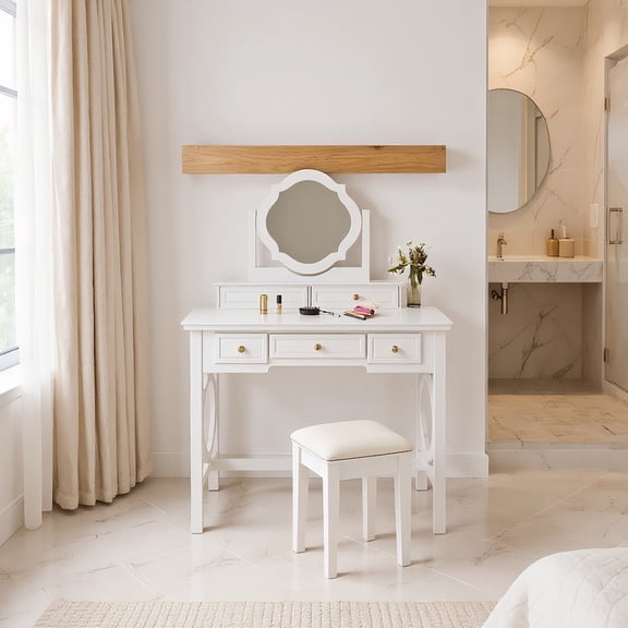 GVN Makeup Vanity Desk,Make Up Vanitys Desks Set,Compact Makeup Vanity Table with Reversible Mirror, Dressing Table Set with Stool, White