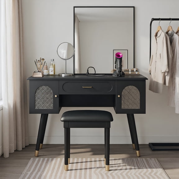 GVN Makeup Vanity Desk,Make Up Vanitys Desks Set,Elegant Vanity Makeup Table & Chair Set, Modern Dressing Table with Charging Port, Black