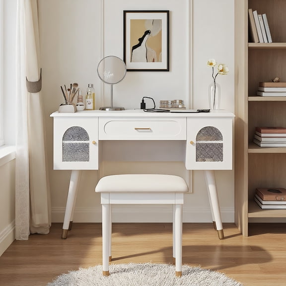 GVN Makeup Vanity Desk,Make Up Vanitys Desks Set,Elegant Vanity Makeup Table & Chair Set, Modern Dressing Table with Charging Port, White