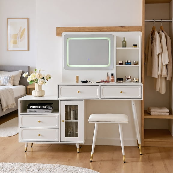 GVN Makeup Vanity Desk,Make Up Vanitys Desks Set,Modern Makeup Vanity Desk with Mirror and Lights, Compact Makeup Table Set with Power Outlet for Bedroom, White
