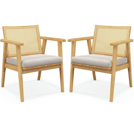 GVN Mid Century Modern Accent Chairs Set of 2 with Breathable Rattan Back-Natural, Dining Room Chairs, Lounge Chair for Kitchen, Dining, Bedroom, Living
