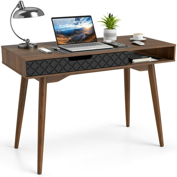 GVN Mid-Century Modern Computer Desk with Drawer and Open Compartment, Study Writing Table for Home Office, Living Room, Study Room, Bedroom, Brown