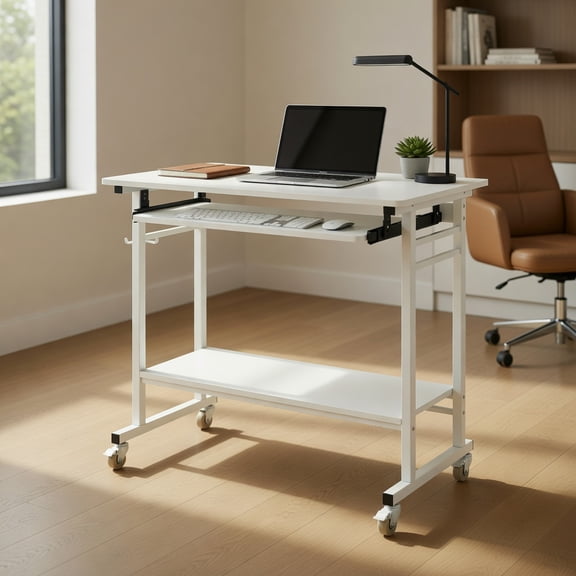 GVN Mobile Laptop Table Rolling Desk with Pull-out Keyboard Tray & Storage Hooks for Home Office Study Workspace Space Saving Furniture, White