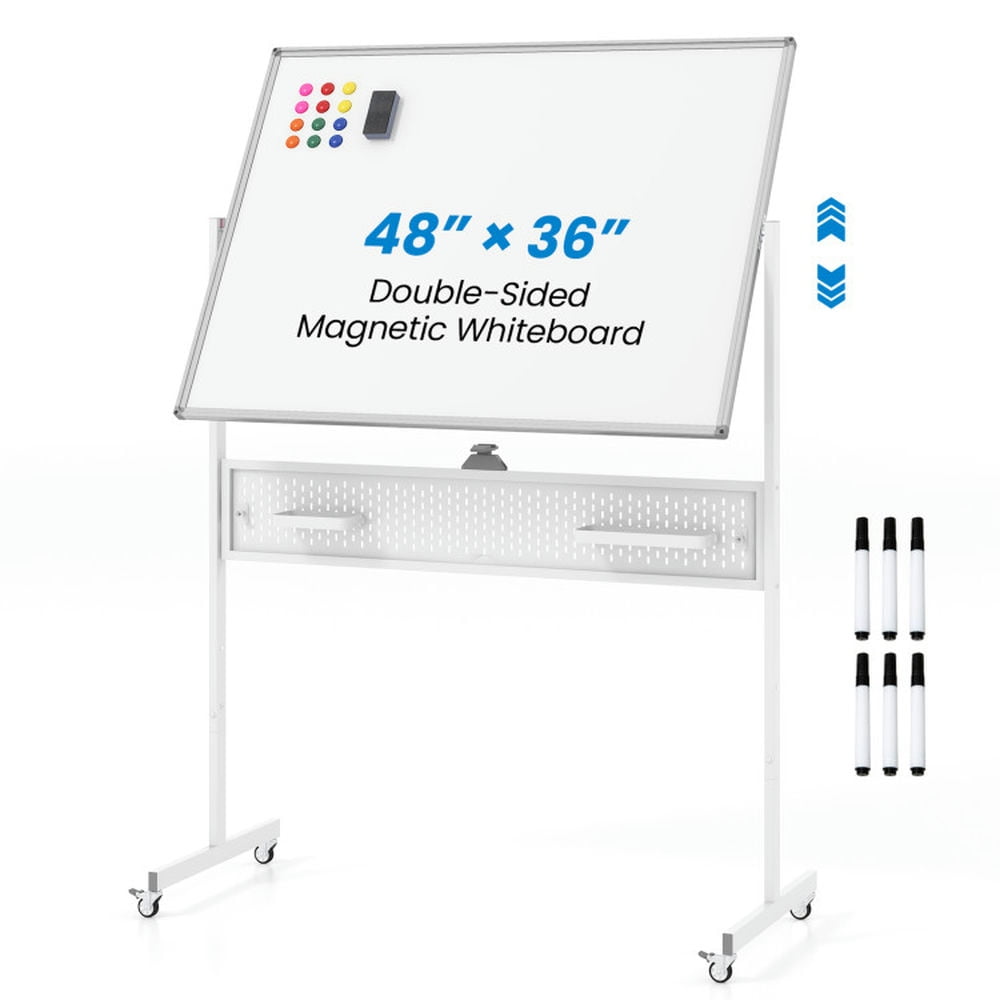 Adjustable White Double-Sided Magnetic Freestanding Rolling Whiteboard