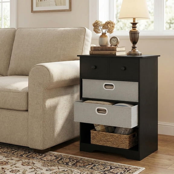 GVN Modern Dresser with 4 Drawers and Open Shelves for Bedroom, Chest Storage Organizer Furniture, Black