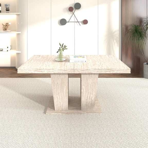 GVN Modern Extendable Rectangle Dining Table, for 6-10 Seating, Features Travertine Stone Pattern, 160-200 cm Dimensions, Beige