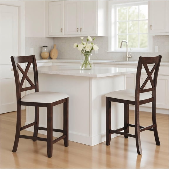 GVN Modern Farmhouse Counter Height Stools with Footrest, Cushioned Seat and Walnut Finish for Kitchen Island, Breakfast Bar, Rustic Dining Seating, Walnut