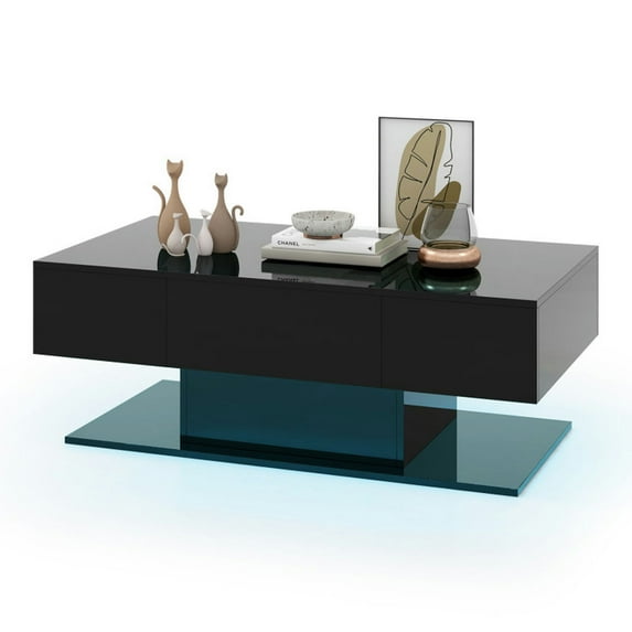 GVN Modern LED Coffee Table with 20 Color LED Lights and 2 Storage Drawers-Black