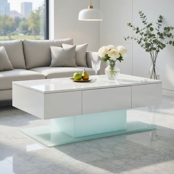 GVN Modern LED Coffee Table with 20 Color LED Lights and 2 Storage Drawers-White